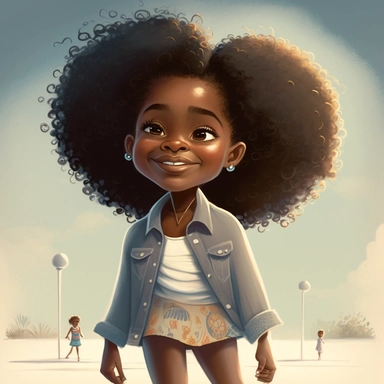 pixar illustration of Sag Harbor town , An illustration of five year old light skin happy black girl with curly afro, on the beach with african american grandparents in Sag harbor Sunset Beach, east hampton , summer vaction, beach town , summer days , muted tones , shy warm heart , pixar , hyper detailed , smooth skin realistic animated — Happy Black Girl Smiling art,black girlsclipart, Funny black girl , Cheerful african american girl child png, clipart, afro ,Full body with legs , Cottage core