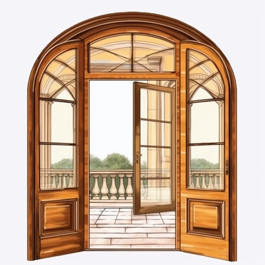 wood door window for your home, in the style of bengal school of art, brown, light brown, transparent/translucent medium, windows vista, arched doorways, open window, white background, clipart