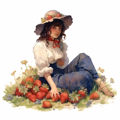 Front illumination of ultra realistic watercolor of full body of an insanely beautiful victorian era happy farm girl, sitting on the field with some strawberries next to her, strawberry themed highly detailed and realistic, insane quality, mystic, wiccan, art nouveau art style, clipart witchcore dreamcore cottagecore white background no text, isolated on white, ghibli style, watercolor illustration, award winning
