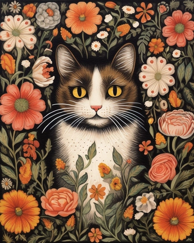 folk art clip art, colored chalk rendering, happy smiling, brown, white and black calico cat in center, full body perspective, with flowers, roses, leaves, pods on a clean white background, extra textured painting,