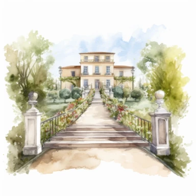 Watercolor drawing beautiful rich italian venue, wedding venue in flowers, piscina e scalinate,watercolor clipart, white background, isolated on white, 8k, watercolor style