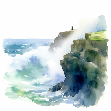 A watercolor inspiration clipart in watercolor painting, influenced by the works of Winslow Homer. The painting depicts a rugged coastal landscape, with crashing waves against towering cliffs. The artist skillfully captures the fluidity of watercolor, creating a sense of movement and energy. The palette consists of cool blues and greens, evoking the serenity of the ocean. The lone figure in the distance gazes out to sea, her expression filled with contemplation. Soft, diffused lighting adds a to