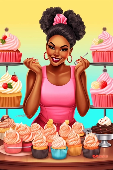 gorgeous sweet black woman, clipart, cartoon illustration, cupcake prodigy, christa mckenzie pose and head pose photos a new cupcake business website, in the style of vibrant bakery backdrops, synthetism-inspired, pop cultural, 32k uhd, smilecore, embroid