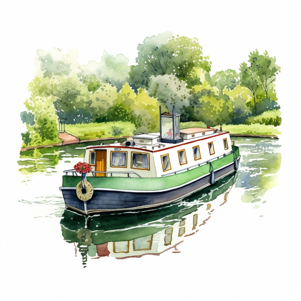 watercolour, pretty canal boat, detailed, summer time, clipart, white background
