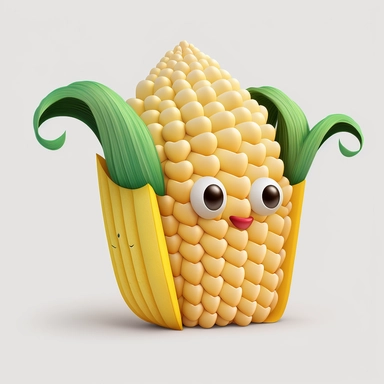 Cute pixar style corn cob, colourful illustration, high definition, 8k, very detailed, fine detail, sharp focus, illustration, white background, clipart