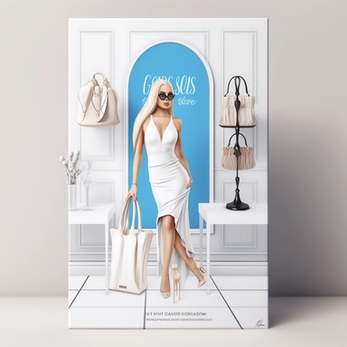 full view, clipart illustration, beautiful blonde lady posing dressed in white bodycon dress, standing in beautiful room with designer clothes on clothes rack and shopping bag, sharp focus, high detail, 8k, photo realistic, transparent background, (--iw 5)