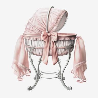 Baby bassinet for girl light pink color, white background, watercolor, hyperrealism, high detail, separate elements, clipart