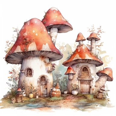 picturesque scene, toadstool fairy houses growing on and in a group of broken clay flower pots, clipart on white background, watercolor style, autumn vibes, super high detail high quality 16k HD, painted by Beatrix Potter