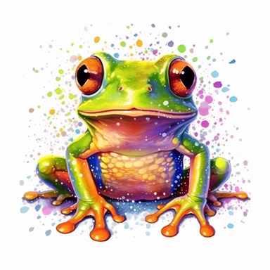 lovely green baby frog, big sprinkles falling, rainbow details, clipart, digital painting, light ink, very detailed, very realistic, white background, maximum saturation intense bright colors, very bright mood