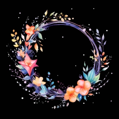 watercolor, Bright wreath with flowers, colorful leaves, and stars around. Floral collections. Magical illustrations for you as creating cards, banners, birthdays, and other holidays png Full body realistic cartoon in 32K UHD cute. 15 cm thick outline. Black color. There was no shadow on the ground. 8k with realistic watercolors and detailed illustrations. PNG clipart, transparent white background