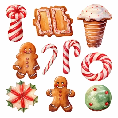 watercolor candy cane shaped cookies, watercolor christmas ginger bread cookies, watercolor christmas gingerbread cookies, white icing, watercolor clip art, white background, highly detailed, 8k, clip art
