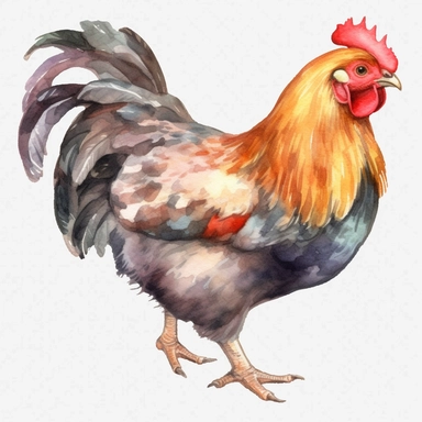 watercolor, Chickens: Another popular farm animal, chickens are kept for their meat and eggs. They are found in almost every country in the world, and are an important source of protein for many people png Full body realistic cartoon in 32K UHD cute. 15 cm thick outline. Black color. There was no shadow on the ground. 8K with realistic watercolors and detailed illustrations. PNG clipart, transparent white background