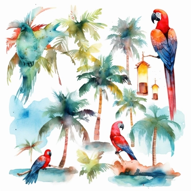 Tropical island beach clipart set isolated on white, watercolor, turquoise, red parrot, - - no photograph