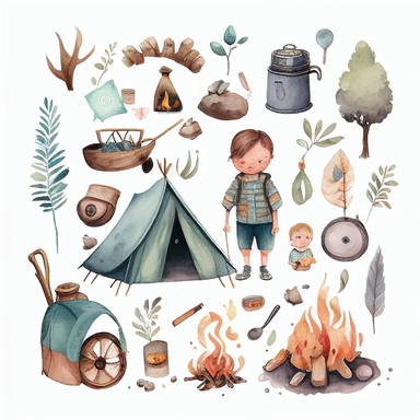 Watercolor boho camping illustrations clipart set, simple, soft colors, cartoon elements, different variants, cute little boy, tent, campervan, camping related items, pots, bonfire, , separate elements with a margin