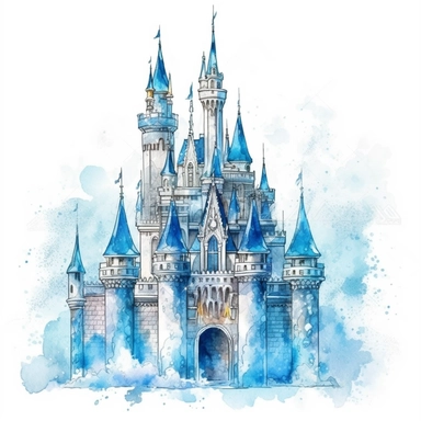 Beautiful Ice Castle Watercolor Clipart,Cartoon, hyper realistic, intricate detail, illustration style,high solution,on the white background