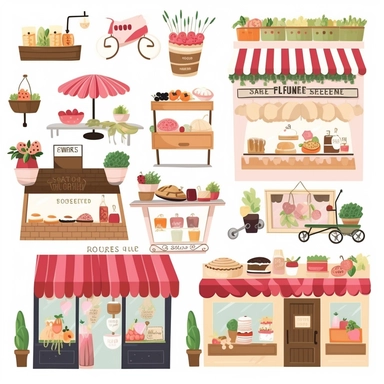 grocery store, flower shop, bakery, ice cream shop, cafe graphic clipart