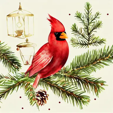 Cardinal bird, vintage lantern, winter greenery. Christmas clipart. Watercolor illustration. Pine fir branches, Holly berry, gold apple, coin. Floral bouquet. Holiday decor for print, card making
