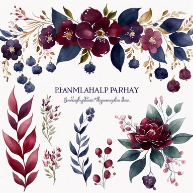 Burgundy Navy Watercolor Elegant Floral Clipart banner, Watercolor Flowers in the style of clipart banner. Burgundy Navy flowers clipart. white background