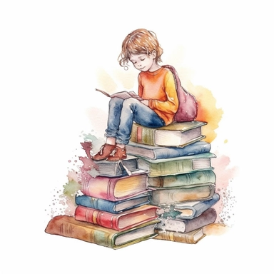 beautiful watercolor clipart of a young child reading with a stack of books, fun pastel hues, compositions on an isolated white background. Bright illustration, highly detailed