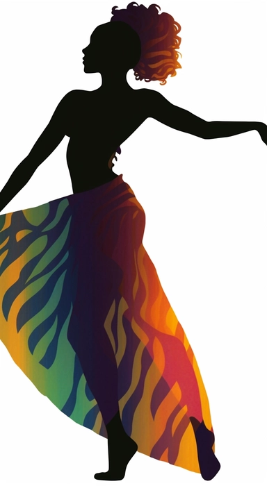 silhouette of a black african dancer from the belly dancing clipart, in the style of colorful cartoon, chalk, booru, princesscore, 1920s, picassoesque