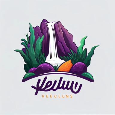 Logo design for Rejuv, vegetables at the bottom of a waterfall, feature company name, 2D, simple, flat, vector, clipart, carrots beets kale, green orange purple, white background