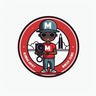 minimalist style logo with circular banner Letter mark MP for movie production team with a smirking dope boy mascot with bobble doll sized head, oversized red sneakers, clapperboard and a heavy supersized movie camera in his hand directed at me. Annimated cartoon clipart style. Inspired by black superhero. Emphasize Hat, oversized red sneakers, heavy supersized movie camera and cross white background.