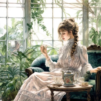 watercolor, hyper realistic, white background, white margins, 16k, ultra detailed clipart, cut out image, hand-drawn a Victorian pretty girl having tea amidst a botanical conservatory, surrounded by exotic plants, hanging vines, and large glass windows.