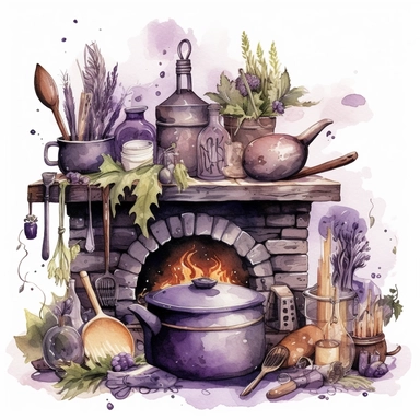 whimsical medieval witches kitchen watercolor clipart in purple green ingredients, cauldron, fireplace, herbs, candles, broom, chaotic