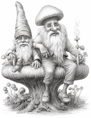 light gray and bubbles, two humanoid gnomes are sitting on a huge mushroom, highly detailed clipart, hdr, 32K, photo expert quality, greatest for coloring realistic, hyperrealistic and highly detailed, coloring book pages, isolated on a white background