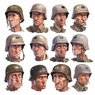 a clipart gallery of the faces of german soldiers from world war 2, wehrmacht, helmets, photo realistic, white background, grim and stern face, in the style of a caricature, oil painting, 3/4 angle