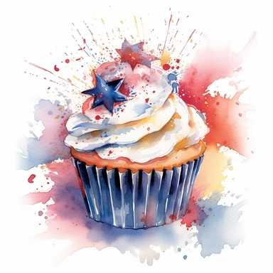 patriotic cupcake clipart in the style of the american flag, in the style of willem haenraets, jane crowther, associated press photo, colorful explosions, detailed crosshatching, watercolor, lee bontecou