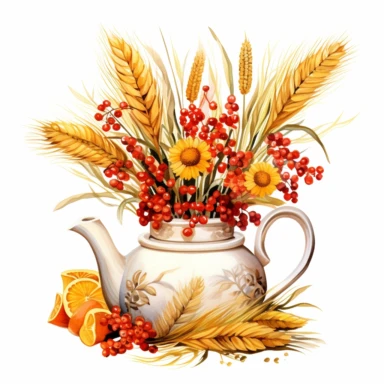 A teapot , add wheats and little flowers use warm colors such as yellow, orange, green, red, cottage core, high quality, watercolor art and clear lines, bright colors, clipart