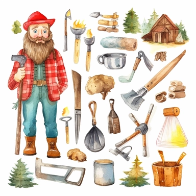 Watercolor clipart sheet, simple, hand drawn doodle, cute, lumberjack and his tools, flat vector illustration, vivid colors, white background