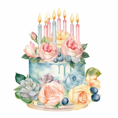 complex watercolor illustration of cute vintage floral pastel birthday cake with candles covered with pastel roses, isolated ,disney style,concept,art,8k,hd,watercolor,detailed,white backround,clipart