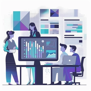 2d clean clipart - flat design - small team of white women and men showing a computer screen - computer graphic showing api graphs and diagrams - office environment - progress and success during stressful times in the world - palette blue purple light-blue gray slate black and white