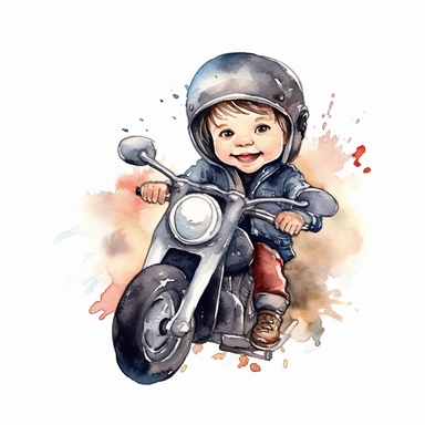 Cute little biker boy riding a Harley Davidson watercolour white background clipart