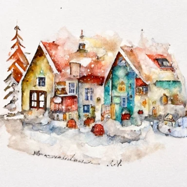 Noel Christmas town watercolor clipart, New Year, snowfall, cozy small houses, watercolor style, detailed