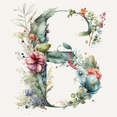 Watercolor botanical flower letter B, clipart, colorful, white background