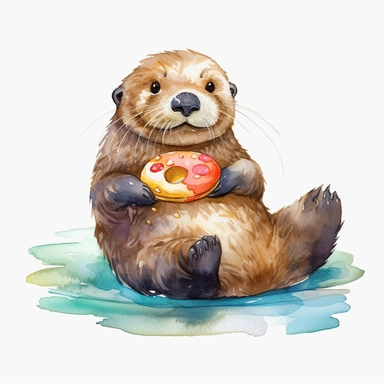 cute smiling watercolor sea otter holding food, white background, clipart, 8k resolution, high saturation, juicy colors, unreal engine