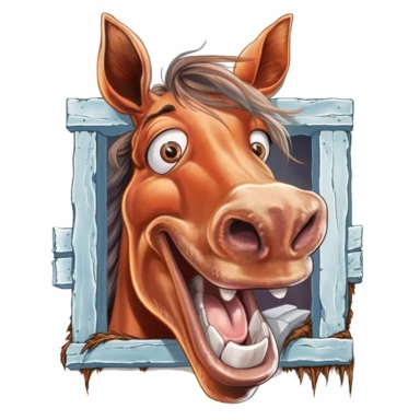 Cute Beautiful Happy Face Funny Horse Outside The Window Sublimation Clipart, Cartoon, hyper realistic, intricate detail, illustration style, high solution, on the white background
