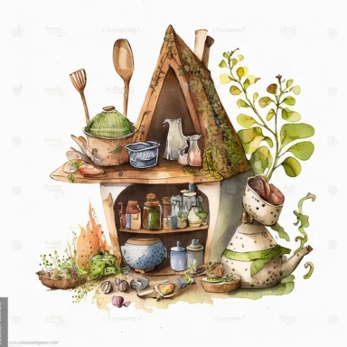 A hyper - detailed illustration watercolor clipart of a whimsical kitchen of a fairy house built out of natural materials by a human, complete kitchen utensil and kitchenware and foods in preparation watercolor illustration, illustration style a combination of Beatrix Potter and Tove Jansson, isolated on white background with margins, cut - out images, zoom on table , close up view