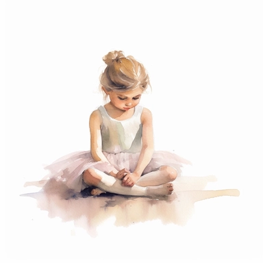 watercolor style, little ballerina in sitting position girl of 5 years old clipart, isolated on white background, hd