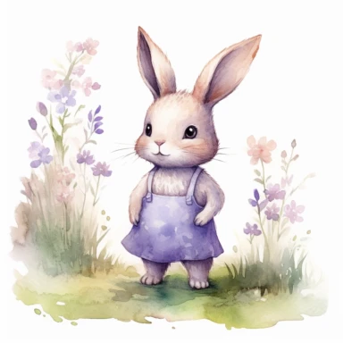 watercolour clipart illustration of cute shy modest baby bunny looking to the left wearing a beautiful detailed big purple dress, standing in woodlands background on grass with flowers and tree on white background, in the style of hyper-realistic animal illustrations, i can't believe how beautiful this is, childlike illustrations, close up, earthy tones