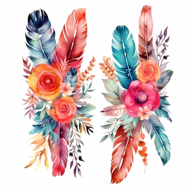 Create an auto sticker featuring a delightful medley of boho feathers complemented by vibrant watercolor floral clipart bouquets. Let the intricate patterns and textures of the feathers intertwine with the beauty of the flowers. This design represents the harmonious blend of nature's elements.