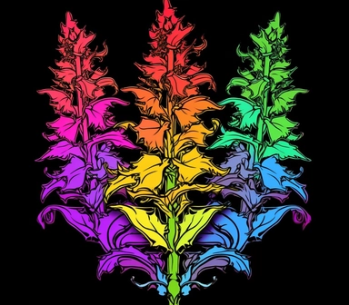 6 tattoo art style botanical larkspur, black defined outlines, high details, clipart, hd, isolated on black background, spaced out, vibrant rainbow colors