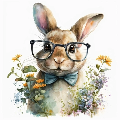 smiling rabbit, wearing glasses and a tie, in the style of digital painting and drawing Beatrix Potter, siting in the flowers, i can't believe how beautiful this is, uhd image, grid-based, charming character illustrations, free brushwork, watercolorist, white background, clipart -