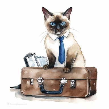 A clipart of a Siamese cat wearing a business suit and holding a briefcase, working in an office as a businessman, watercolor style, realistic, bright colors, 300 dpi, 8k, white and clear background