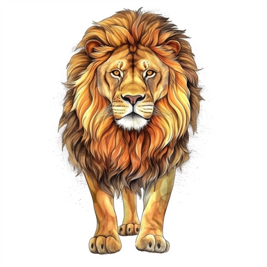 isolated illustration on a white background, realistic lion full , watercolor clipart, single item without deco, professional quality, 32k, solid style, drawn by an professional , very realistic solid colors, no patterns on art only solid colors,