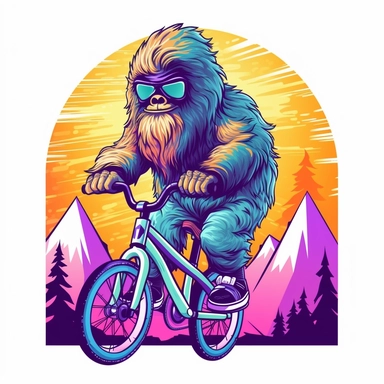 A cute baby sasquatch riding a mountain bike, sun glasses, synthwave, in the style of vector clipart character, white background