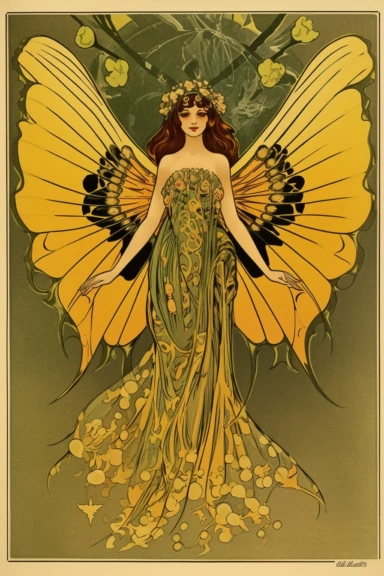 Vintage 1920 Symmetrical Fully Clothed Female Fairy with Large yellow Wings on its back Illustration, Chromolithograph, 1920s Illustration, Vintage, Antique, Ephemera, Clipart, 8k, on a vintage magazine cover